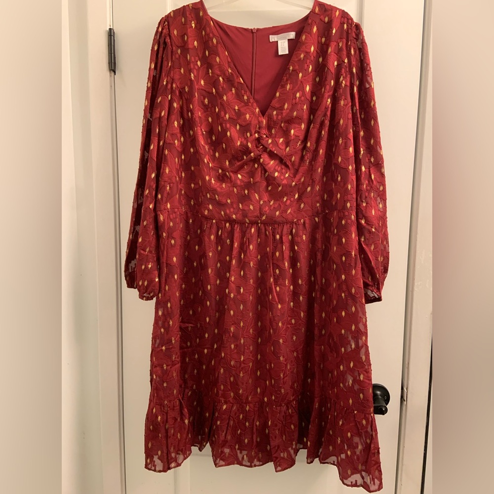 London Times Red Leaf Pattern Long Sleeve Dress